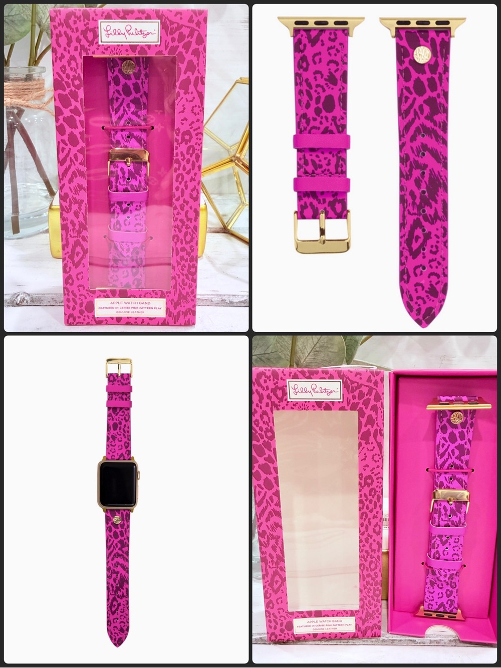 Lilly Pulitzer Leather Apple Watch Band Pink Leopard Print with Gold Hardware